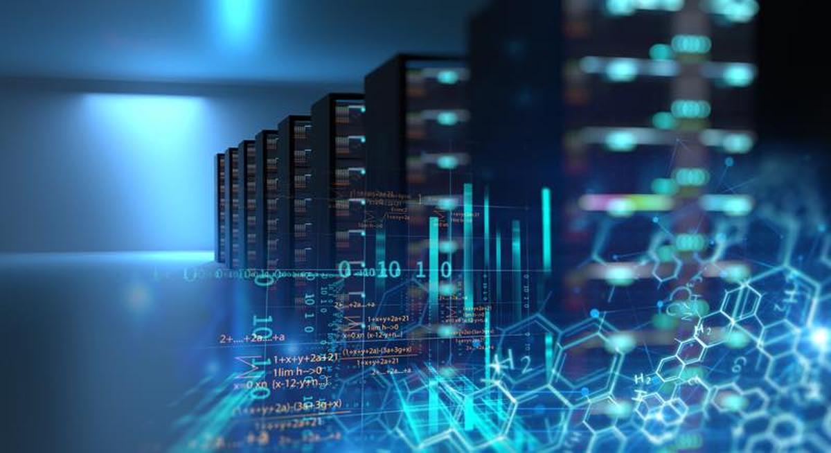 Corridor of server room with server racks in datacenter 3d illustration